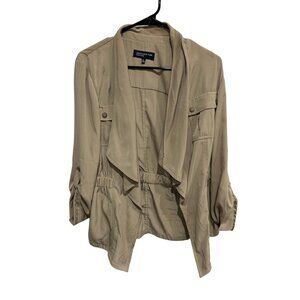 Jones New York Signature Draped Jacket Beige Sz Medium Roll Tab Sleeve Utility